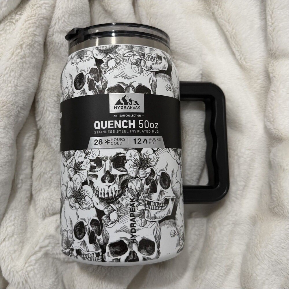 New HYDRAPEAK QUENCH Skull & Flowers Insulated Mug Tumbler 50oz Straw Spout Sip